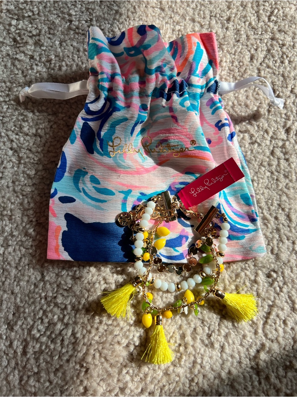 Lilly Pulitzer Yellow Lemon Tassel Beaded Bracelet Set with Multi-Color Accents